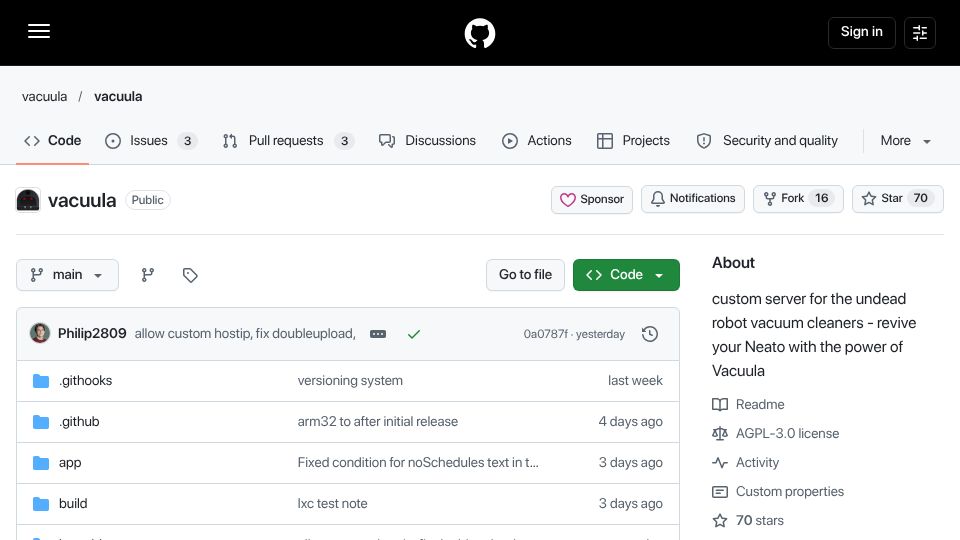 Screenshot of github.com: Custom server to revive neato bots