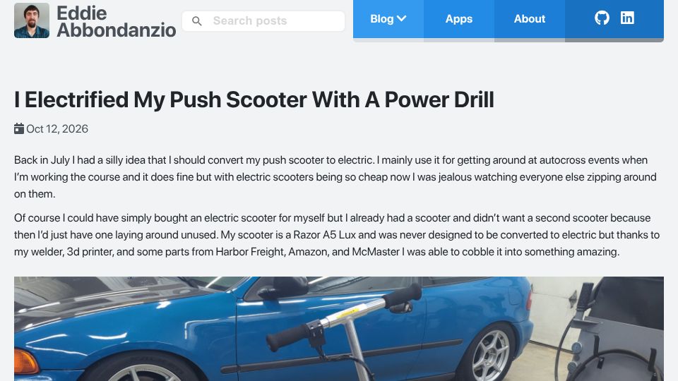 Screenshot of eddieabbondanz.io: I electrified my push scooter with a power drill