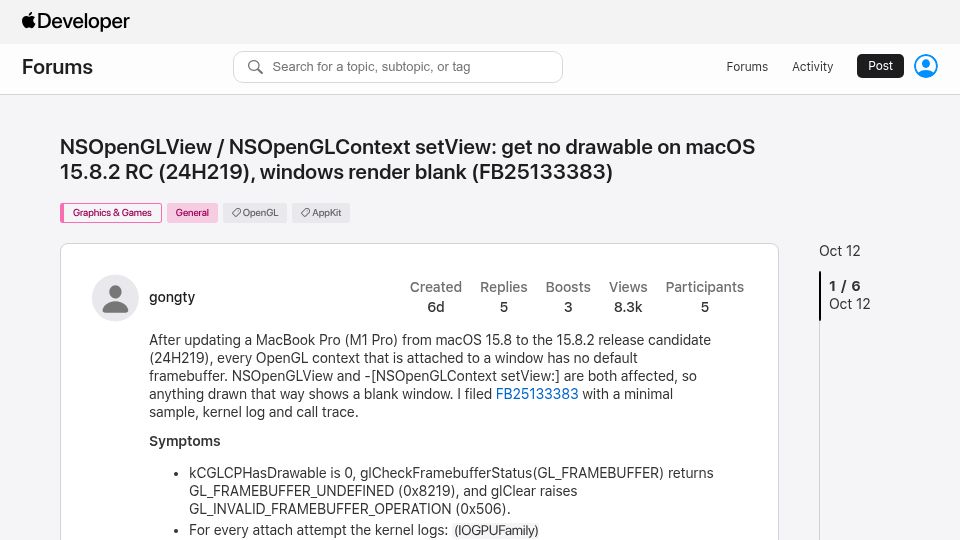 Screenshot of developer.apple.com: macOS 15.8.2 Breaks OpenGL