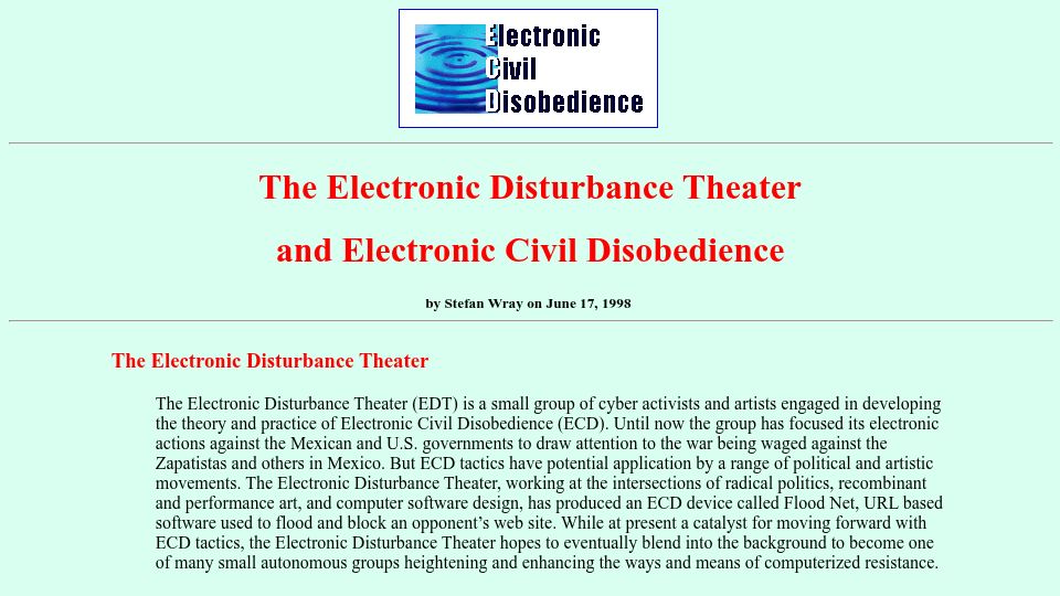 Screenshot of thing.net: The Electronic Disturbance Theater and Electronic Civil Disobedience (1998)