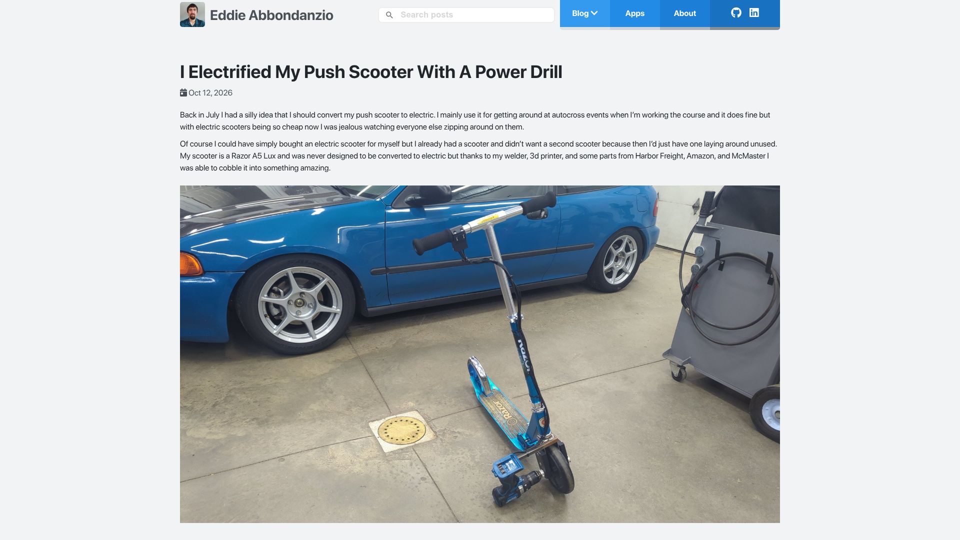 Screenshot of eddieabbondanz.io: I electrified my push scooter with a power drill