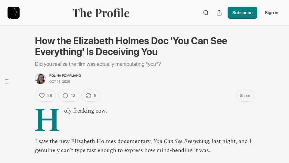Screenshot of readtheprofile.com: The Elizabeth Holmes documentary “You Can See Everything” is deceiving