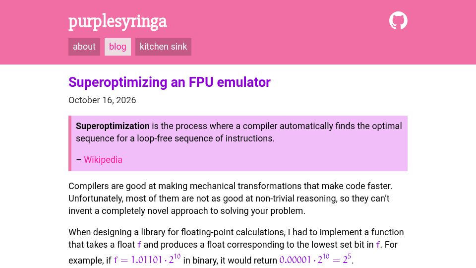 Screenshot of purplesyringa.moe: Superoptimizing an FPU Emulator