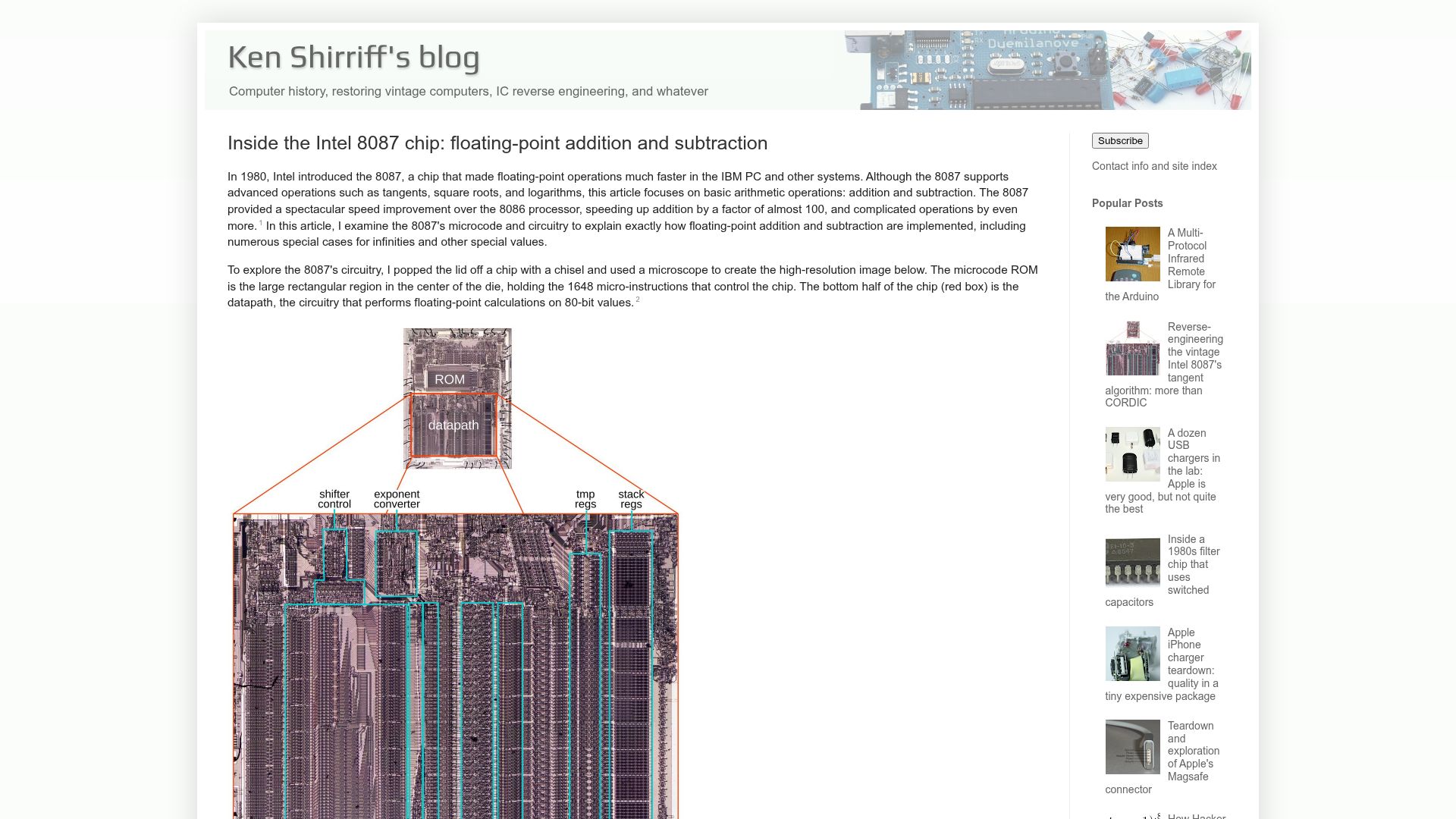 Screenshot of righto.com: The Intel 8087 chip: floating-point addition and subtraction