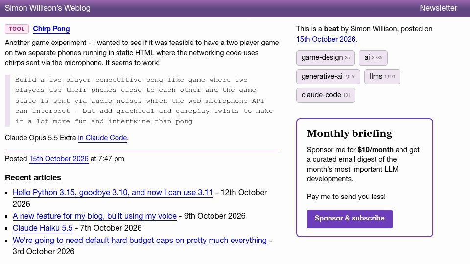 Screenshot of simonwillison.net: Chirp Pong – uses microphones and audio for networked game play