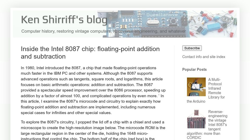 Screenshot of righto.com: The Intel 8087 chip: floating-point addition and subtraction