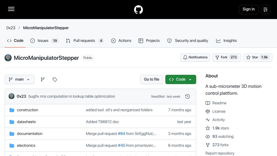 Screenshot of github.com: Open MicroManipulator – A sub-micrometer 3D motion control plattform