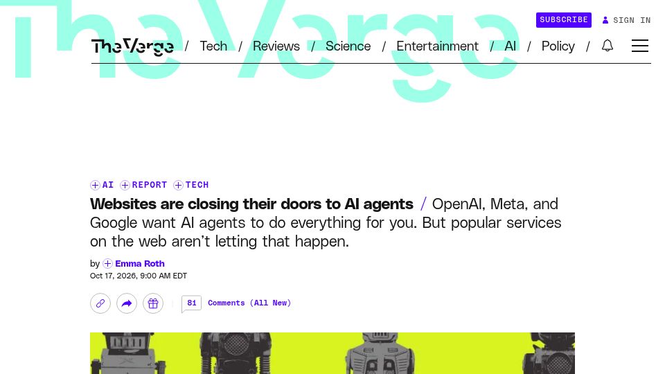 Screenshot of theverge.com: Websites are closing their doors to AI agents
