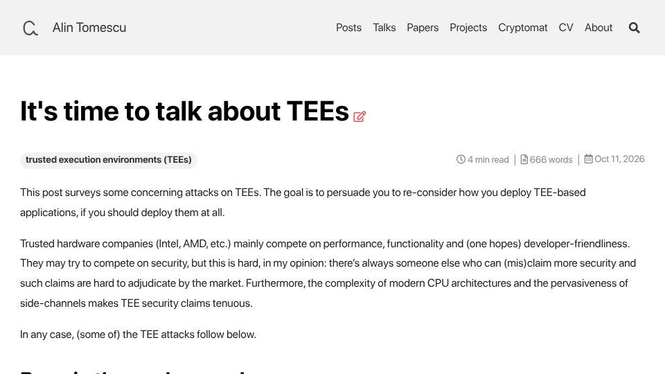 Screenshot of alinush.github.io: It's time to talk about TEEs