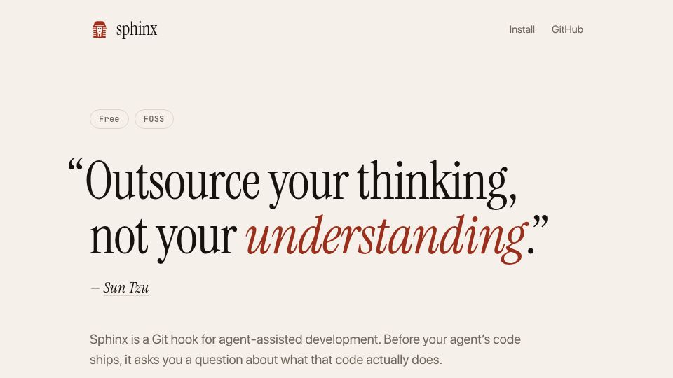 Screenshot of sphinx-six-theta.vercel.app: Show HN: Sphinx – A hook that quizzes you on your AI's code before shipping