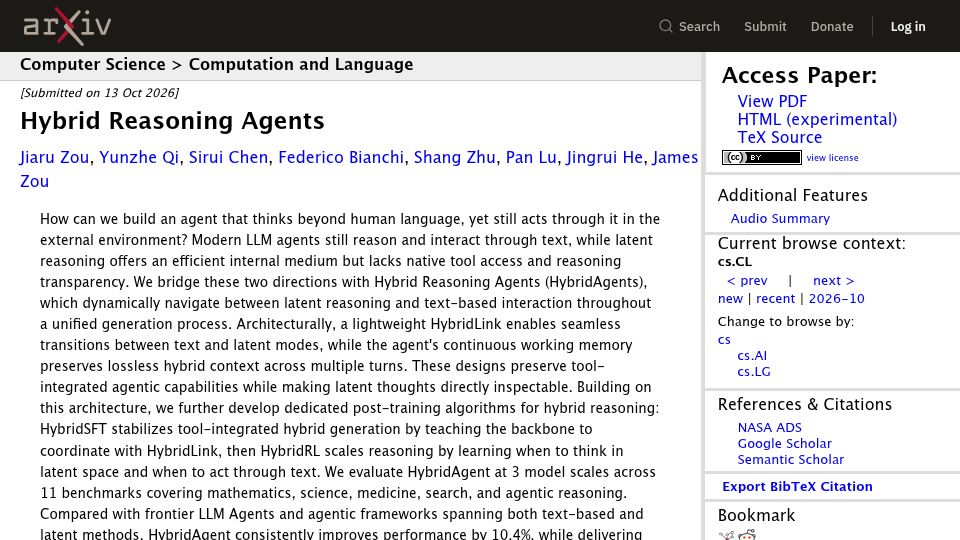 Screenshot of arxiv.org: Hybrid Reasoning Agents: LLM agents that think in latent space, act through text