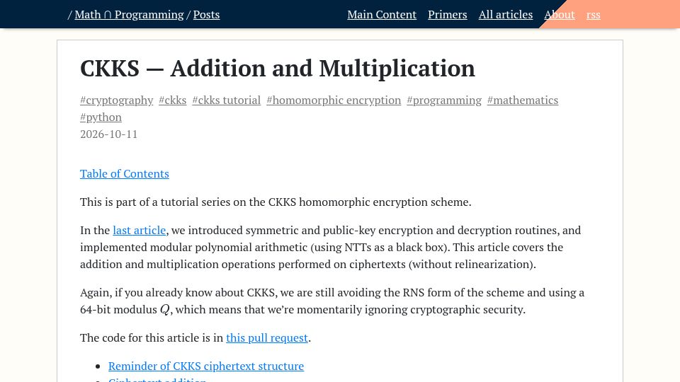Screenshot of jeremykun.com: CKKS – Addition and Multiplication