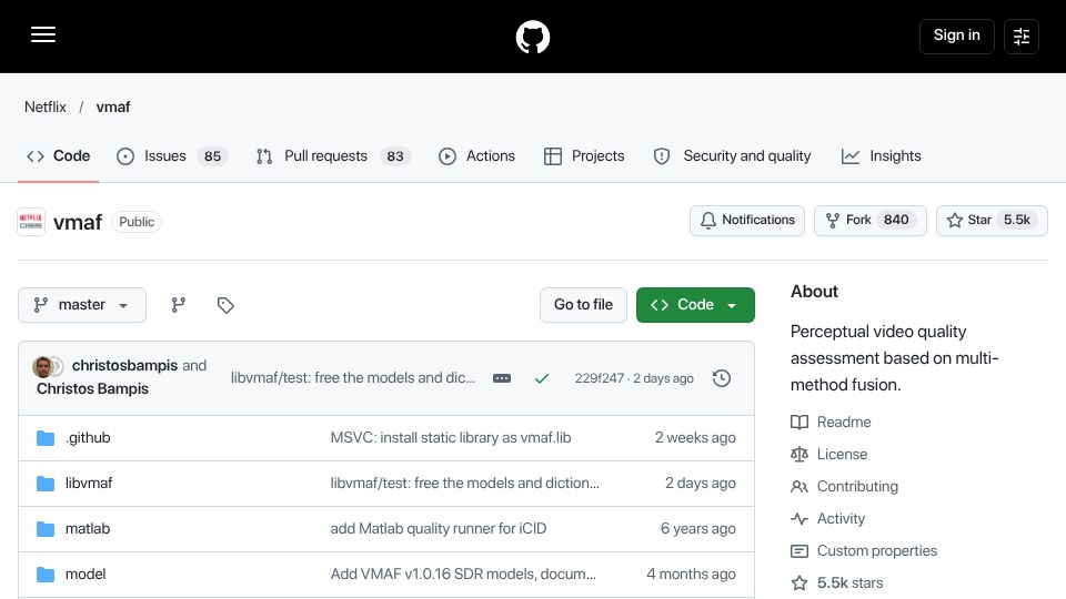 Screenshot of github.com: Netflix vmaf: Perceptual video quality assessment based on multi-method fusion