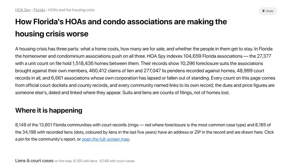 Screenshot of hoaspy.com: Florida's HOAs and condo associations are making the housing crisis worse