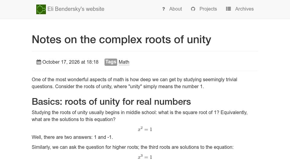 Screenshot of eli.thegreenplace.net: Notes on the Complex Roots of Unity
