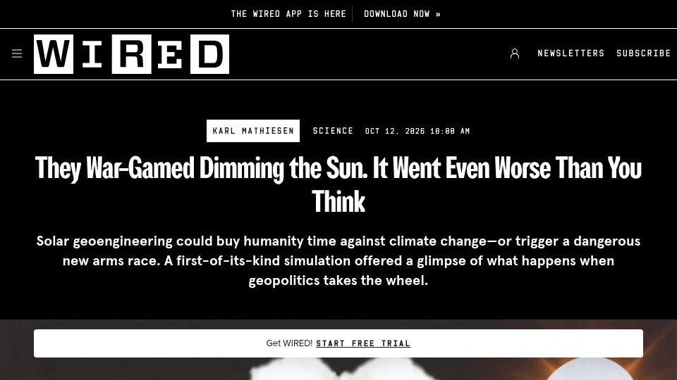 Screenshot of wired.com: They war-gamed dimming the Sun. It went worse than you think