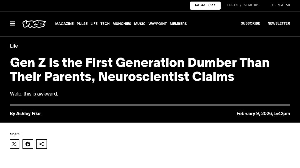 Screenshot of vice.com: Gen Z Is the First Generation Dumber Than Their Parents