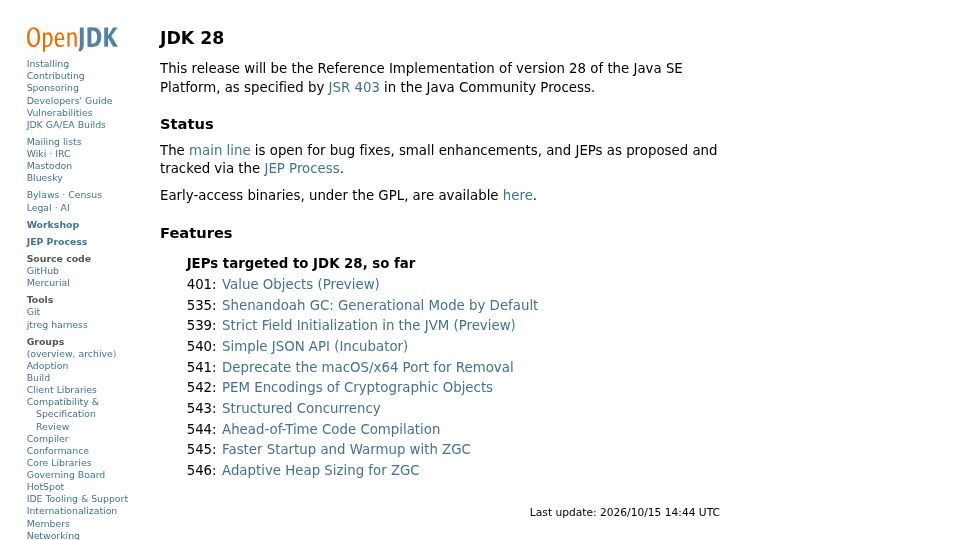 Screenshot of openjdk.org: JDK 28