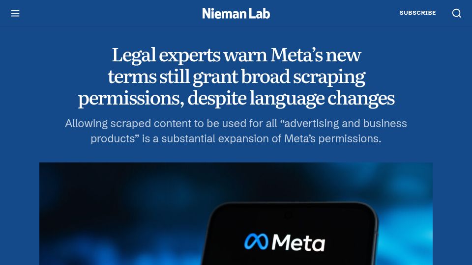 Screenshot of niemanlab.org: Legal experts warn Meta's new terms still grant broad scraping permissions