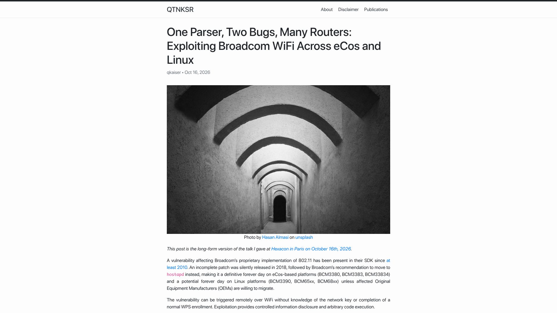 Screenshot of quentinkaiser.be: One parser, two bugs, many routers: Exploiting Broadcom WiFi across eCos, Linux