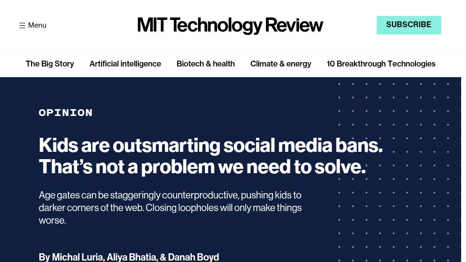 Screenshot of technologyreview.com: Kids are outsmarting social media bans. That's not a problem we need to solve