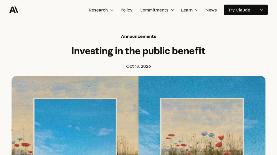 Screenshot of anthropic.com: Investing in the public benefit