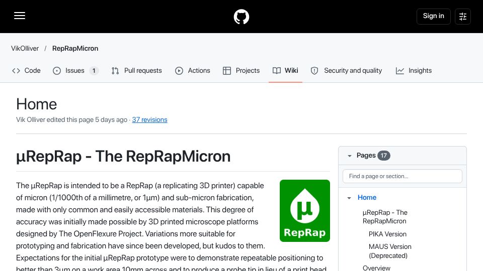 Screenshot of github.com: RepRapMicron