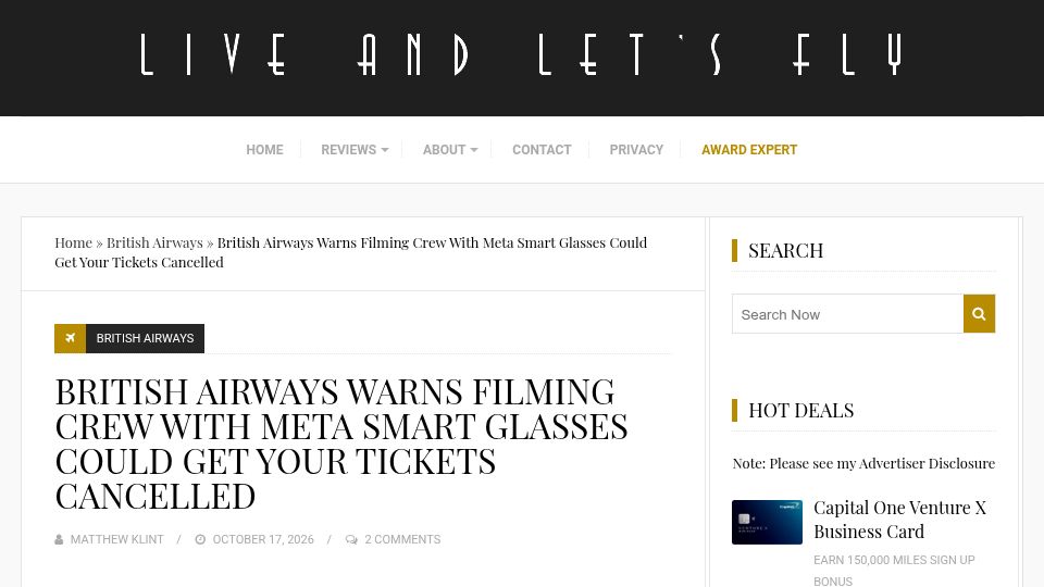 Screenshot of liveandletsfly.com: British Airways: Filming Crew W Meta Glasses Could Get Your Tickets Cancelled