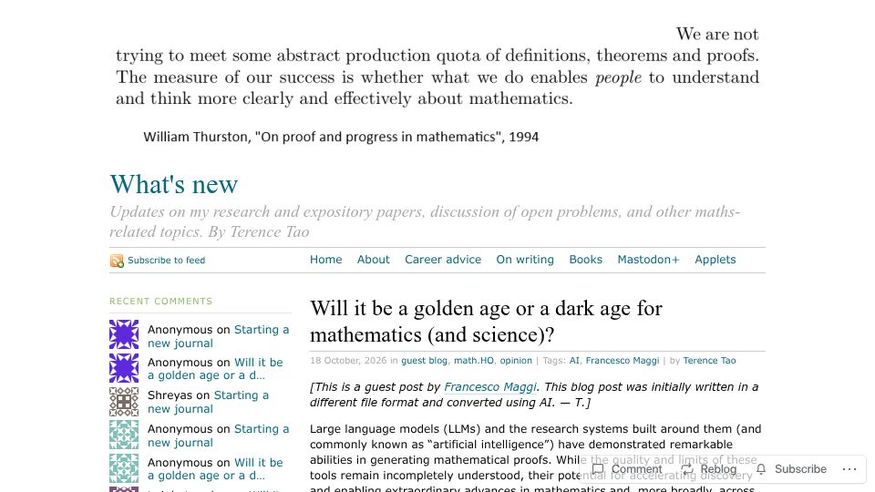 Screenshot of terrytao.wordpress.com: Will it be a golden age or a dark age for mathematics (and science)?