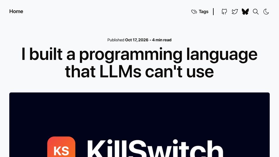 Screenshot of blog.picheta.me: I built a programming language that LLMs can't use