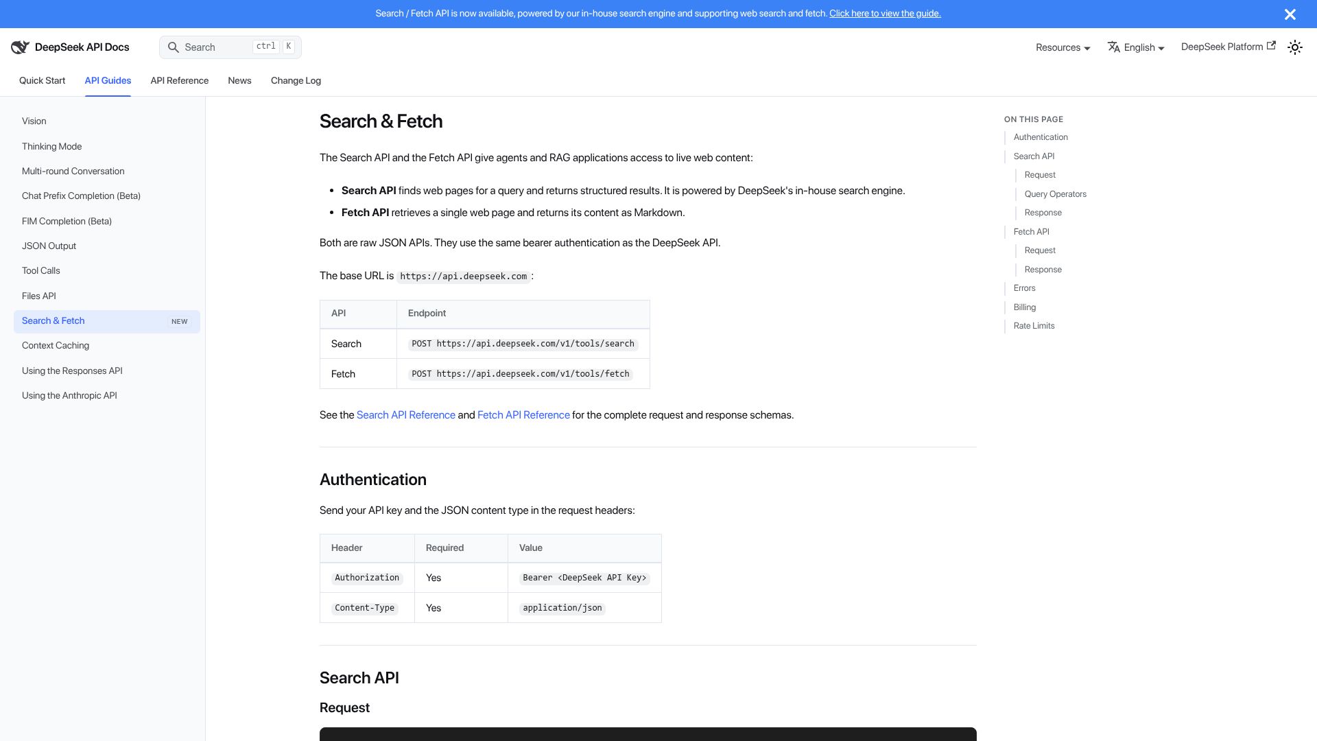 Screenshot of api-docs.deepseek.com: DeepSeek search and fetch – $0.75 per 1000 successful requests