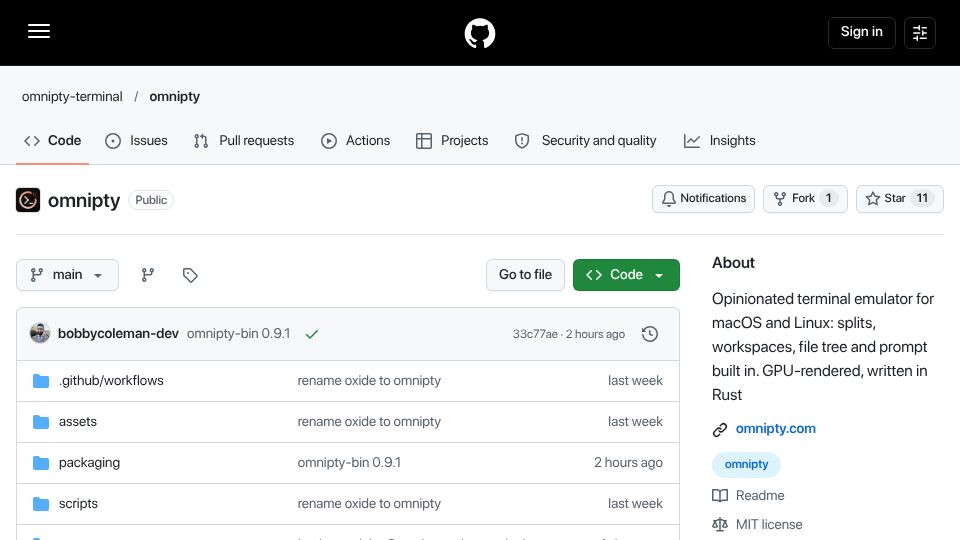 Screenshot of github.com: Show HN: OmniPTY – Opinionated terminal emulator for macOS and Linux