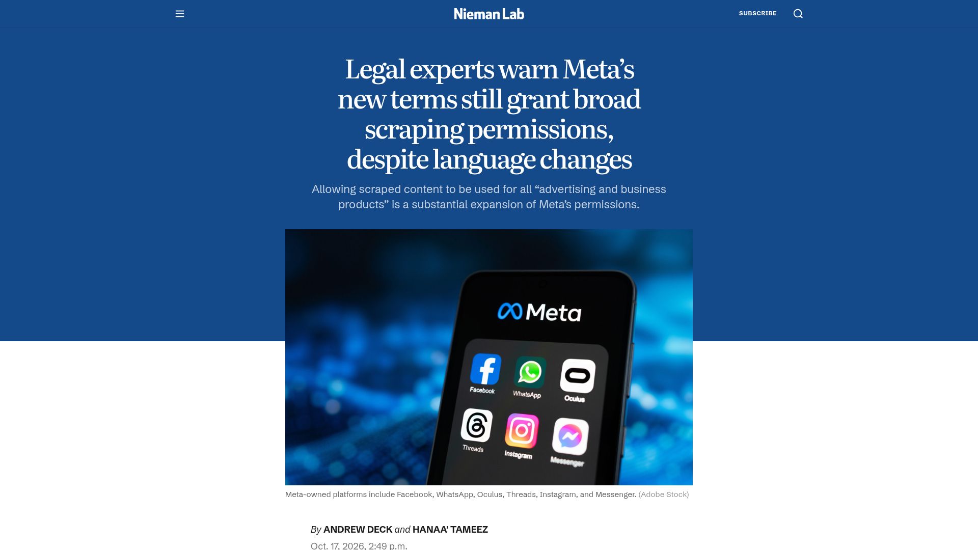 Screenshot of niemanlab.org: Legal experts warn Meta's new terms still grant broad scraping permissions