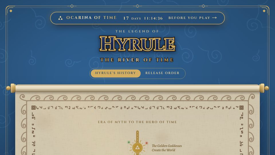 Screenshot of legendofhyrule.com: Show HN: The Zelda timeline to catch up before the Ocarina of Time remake