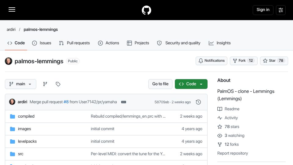 Screenshot of github.com: PalmOS Lemmings