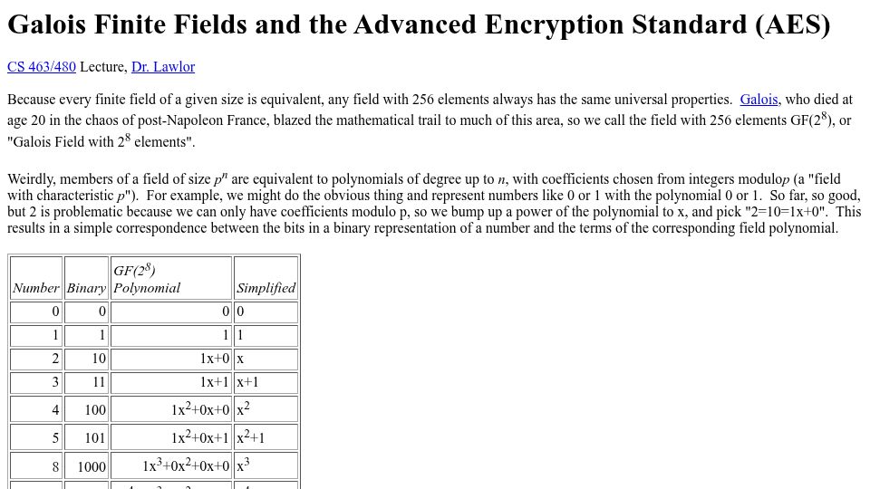 Screenshot of cs.uaf.edu: Galois Finite Fields and the Advanced Encryption Standard (AES)