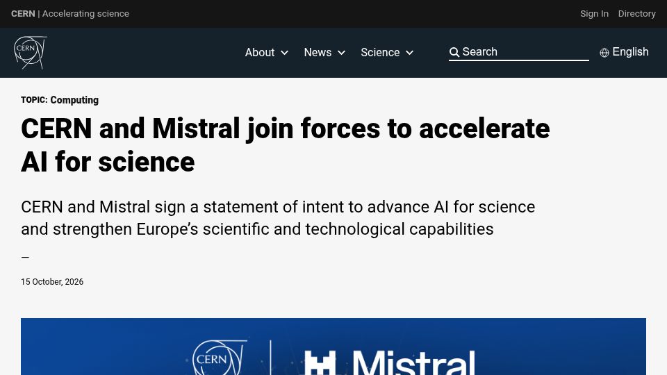 Screenshot of home.cern: CERN and Mistral sign a statement of intent to establish a strategic partnership