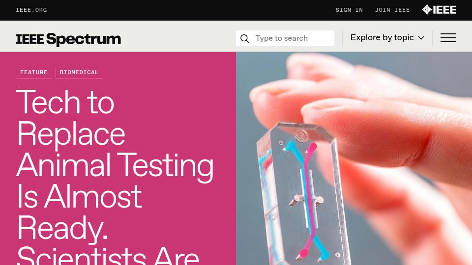 Screenshot of spectrum.ieee.org: Alternatives to animal testing are finally taking off