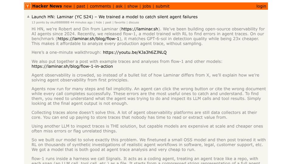 Screenshot of Hacker News post: Launch HN: Laminar (YC S24) – RL-trained model that finds errors in agent traces