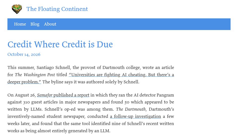 Screenshot of thefloatingcontinent.com: Credit where credit is due