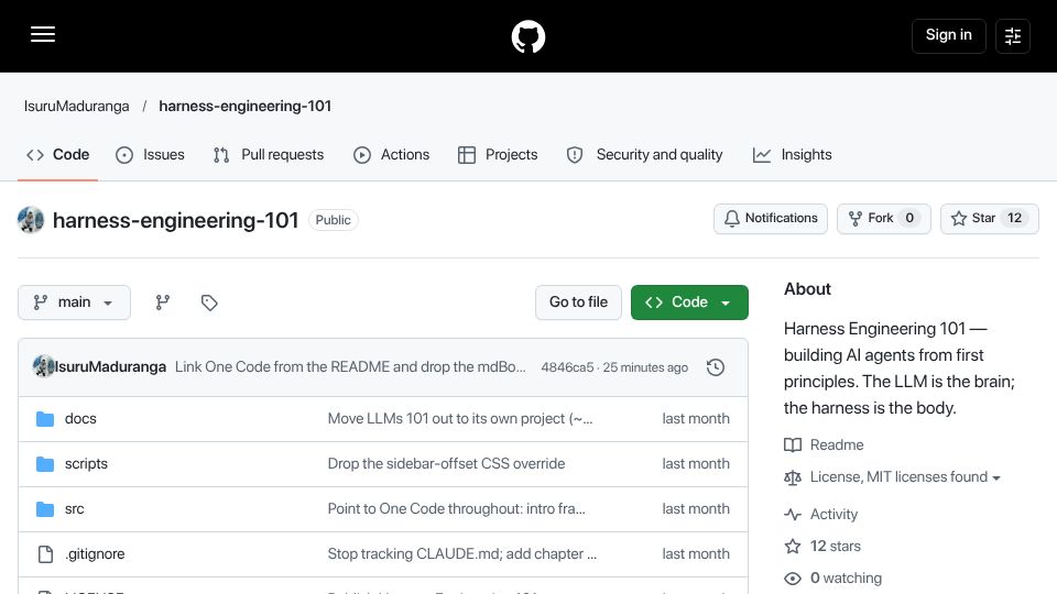 Screenshot of github.com: Harness Engineering 101: The LLM is the brain, the harness is the body