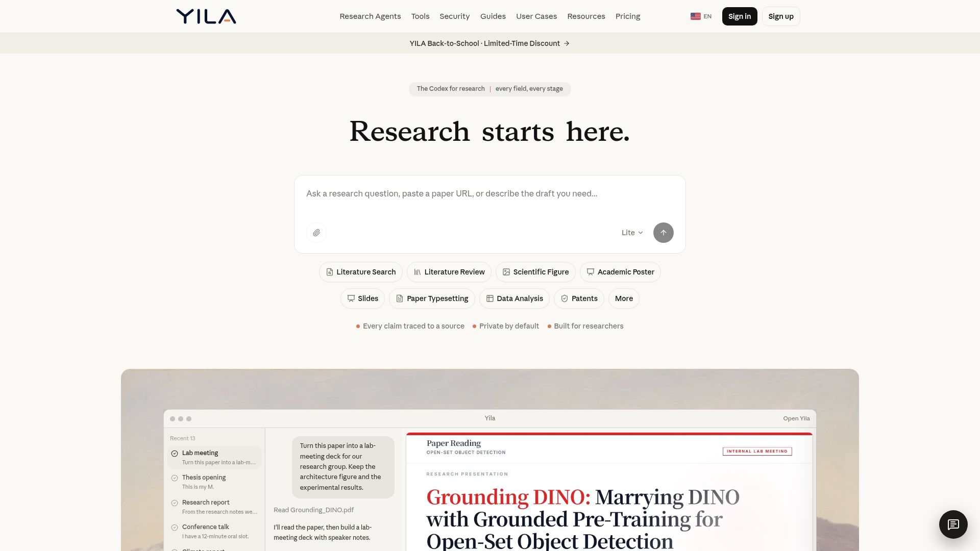 Screenshot of yila.ai: Show HN: Yila – A Codex for Scientific Research