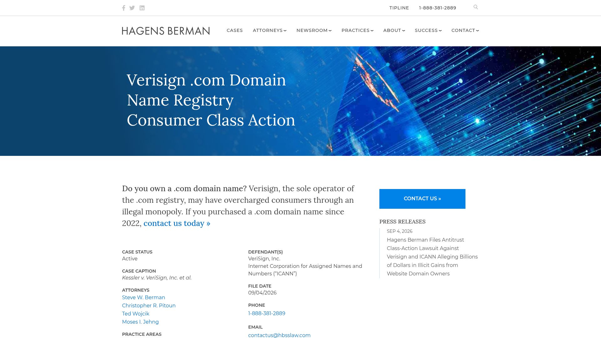 Screenshot of hbsslaw.com: Verisign .com Domain Name Registry Consumer Class Action