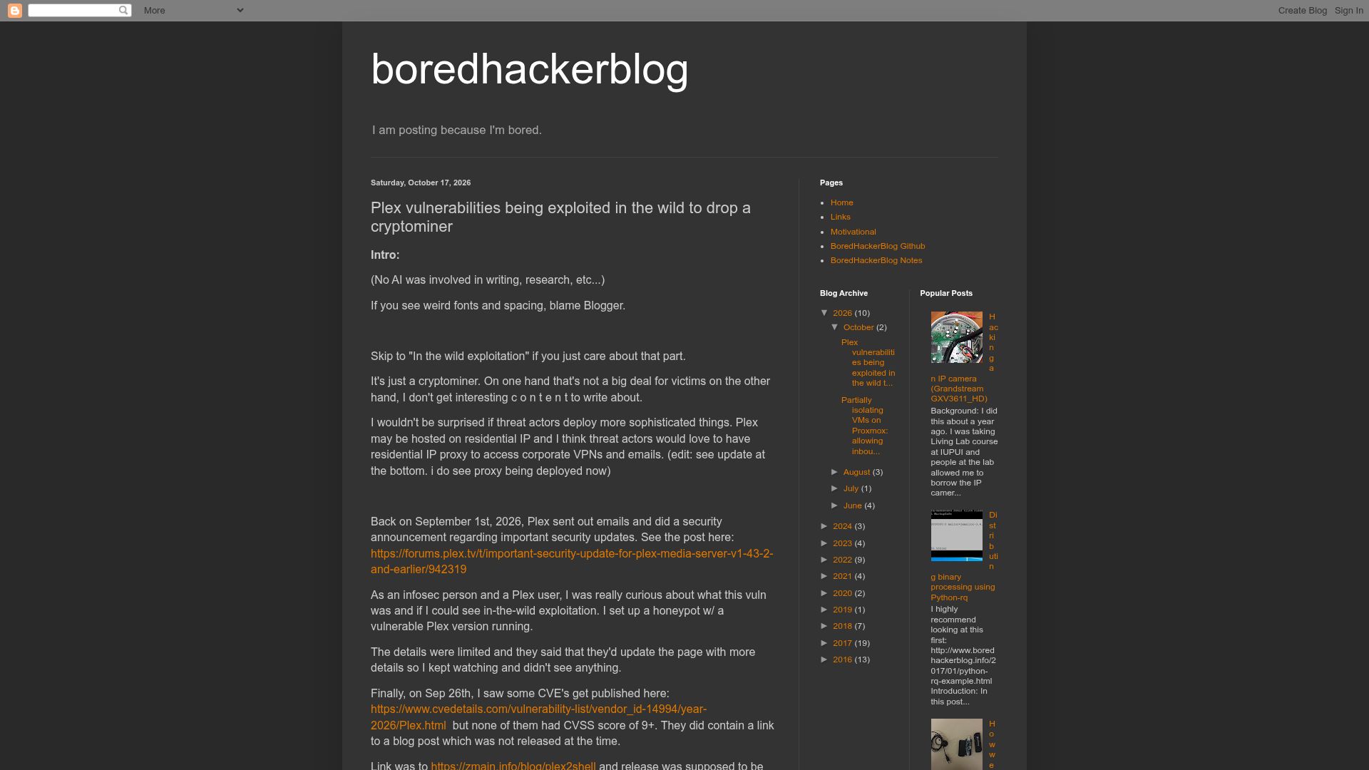 Screenshot of boredhackerblog.info: Plex vulnerabilities being exploited in the wild to drop a cryptominer