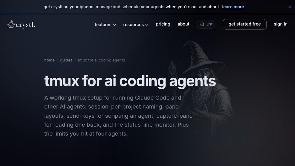 Screenshot of crystl.dev: Tmux and Claude Code: Sessions, Send-Keys, and the Ceiling