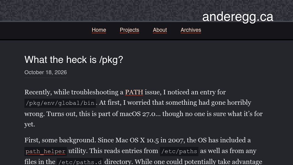 Screenshot of anderegg.ca: What the heck is /pkg?