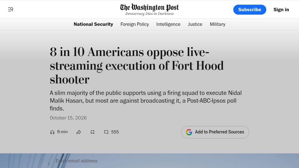 Screenshot of washingtonpost.com: 8 in 10 Americans oppose live-streaming execution