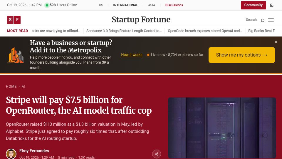 Screenshot of startupfortune.com: Stripe will acquire OpenRouter for $7.5B