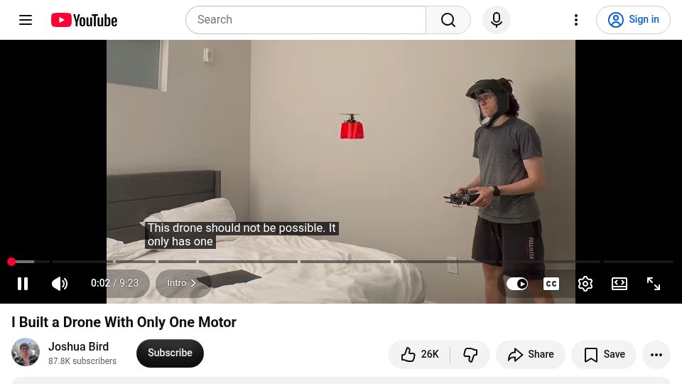 Screenshot of youtube.com: I built a drone with only one motor [video]