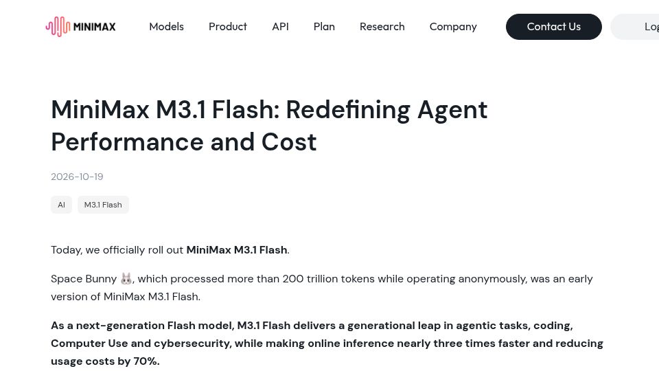 Screenshot of minimax.io: MiniMax M3.1 Flash
